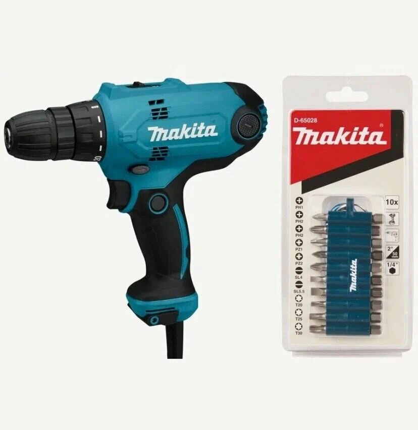 Сетевая дрель-шуруповерт MAKITA DF0300X3 с набором бит D-65028 10 шт.