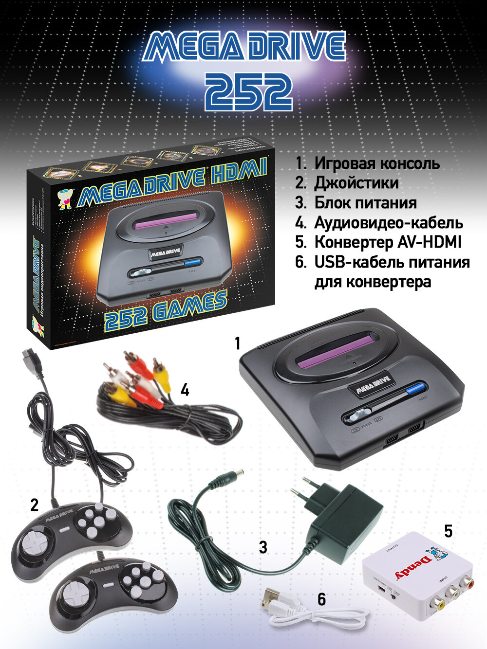 Игровая приставка Mega Drive 252 встроенных игр с HDMI конвертером (16-бит Sega) / Ретро консоль с двумя джойстиками — фото 1