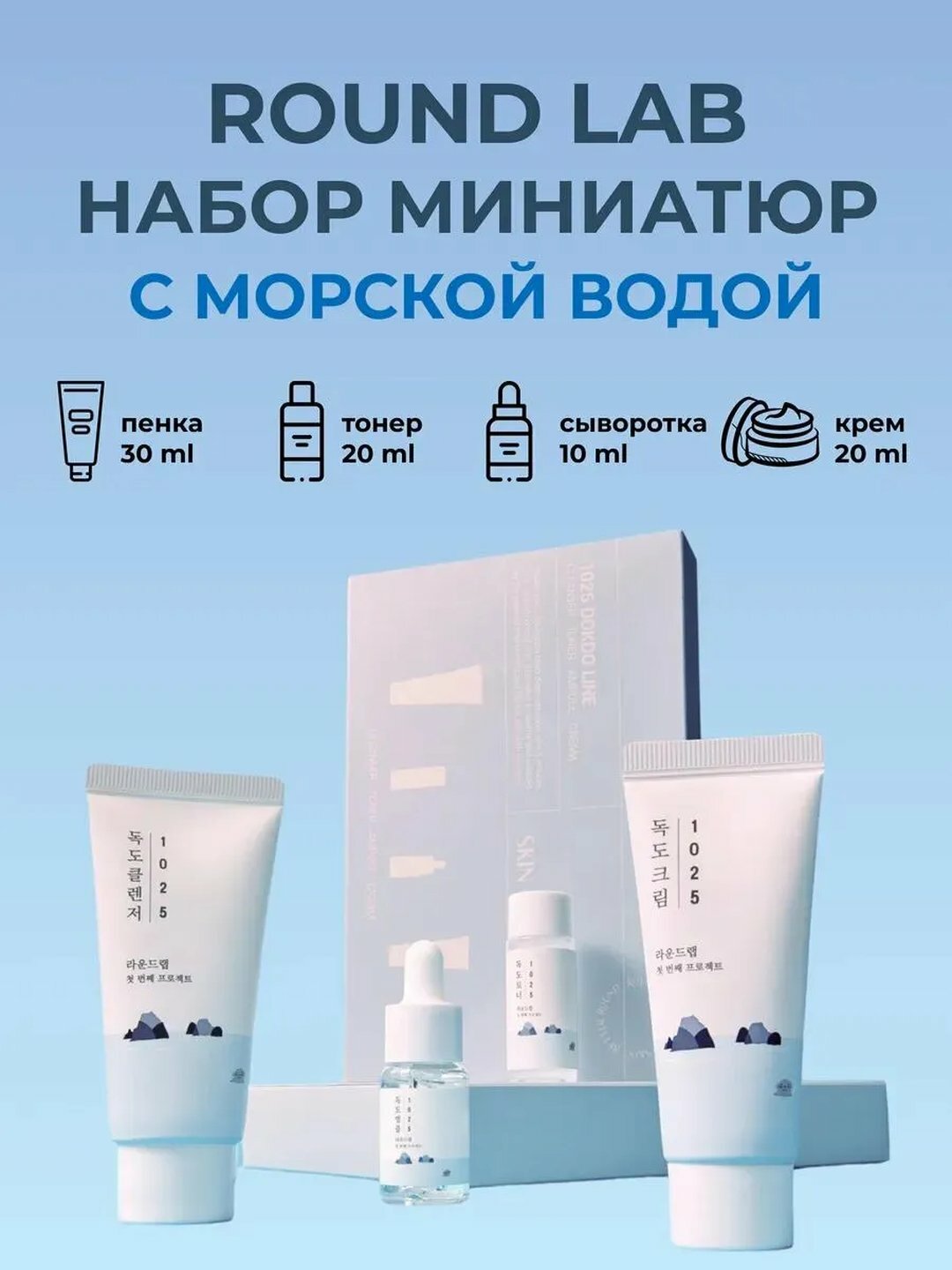 Оригинальный Набор миниатюр для комплексного ухода Round Lab 1025 Dokdo Line Skin Care Trial Kit