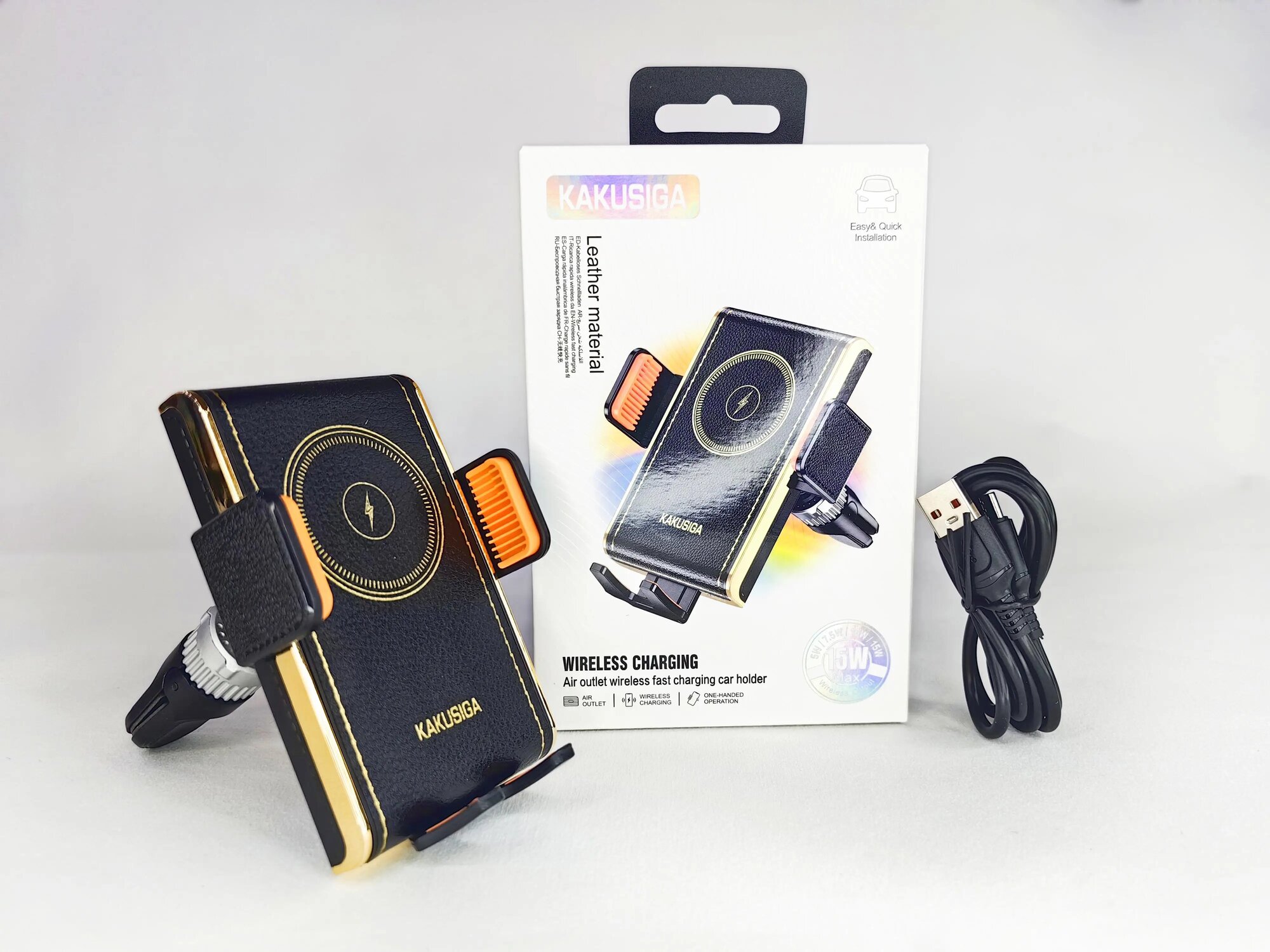 Автомобильный держатель Kakusiga, 15Вт, поворотный, кожаный чехол, черный — фото 1