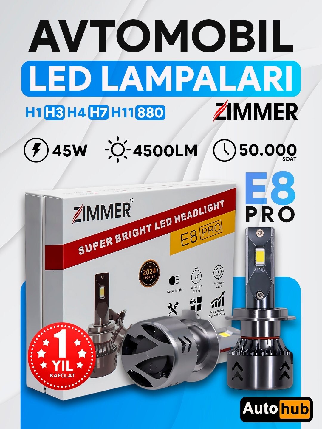 LED лампы Zimmer E8 Pro, 4500 люмен, 45 ватт, для автомобилей