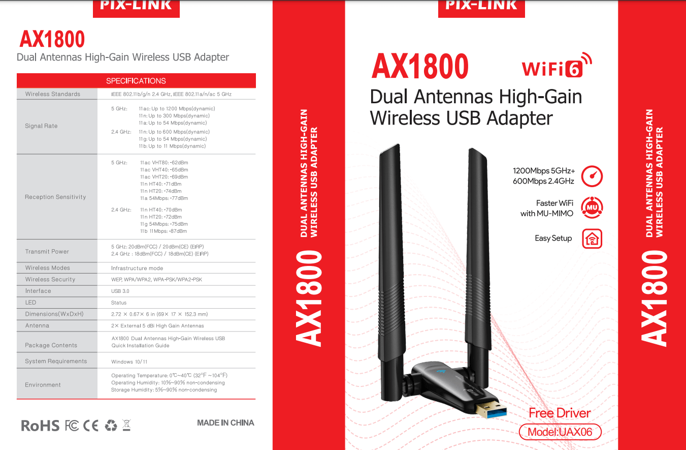 Wi-Fi-приемник PIX-LINK Высокоскоростной двухдиапазонный Wi-Fi-адаптер 1800 Мбит/с для настольного компьютера