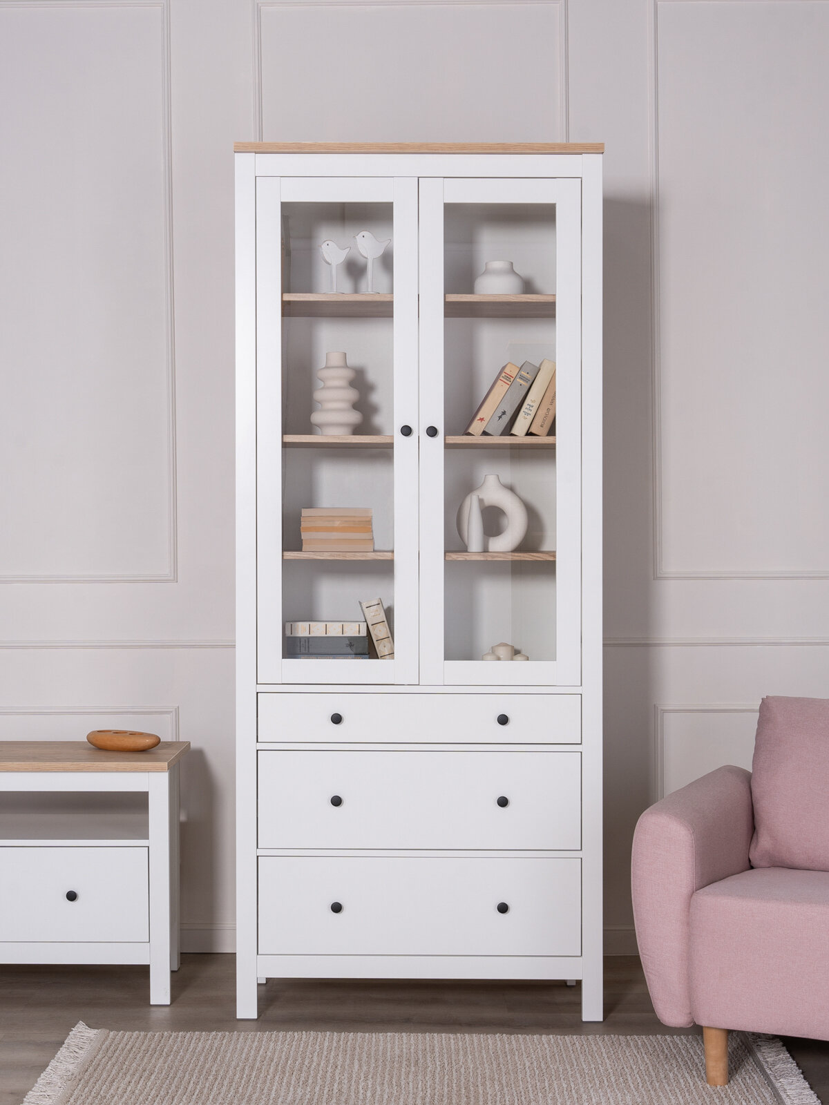 Шкаф с витриной ГУД лакк Сага 3 ящика 90х41х216 см шариковые направляющие с доводчиком белый/ясень