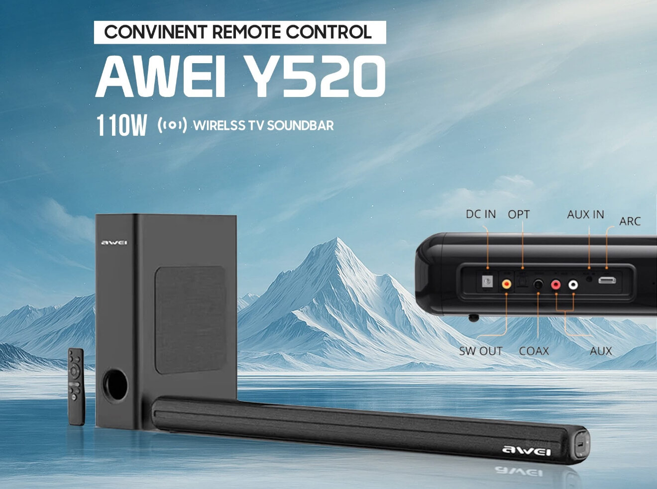 Саундбар c сабвуфером Awei Y520, 110w мощности, колонка для телевизора, динамики чистого стерео звука и отличными басами