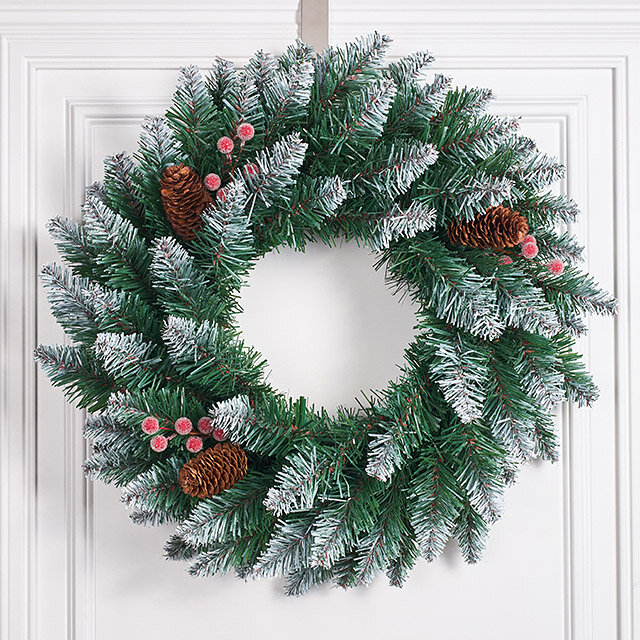 Венок Новогодний-14 с шишками и ягодами 40 см заснеженный ПВХ MOROZCO ВН-14