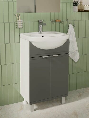 Изображение товара Тумба с раковиной DIWO Дмитров 50 напольная, 51 см, серая, матовая, с дверками, раковина для ванной, фарфоровая, полукруглая, встроенный слив-перелив