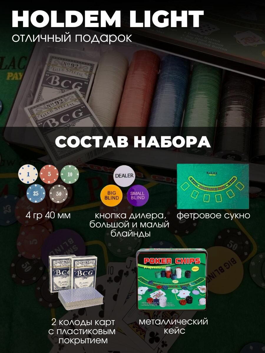 Набор для покера на 300 фишек Holdem Light с номиналом, Partida, сукно в подарок — фото 1