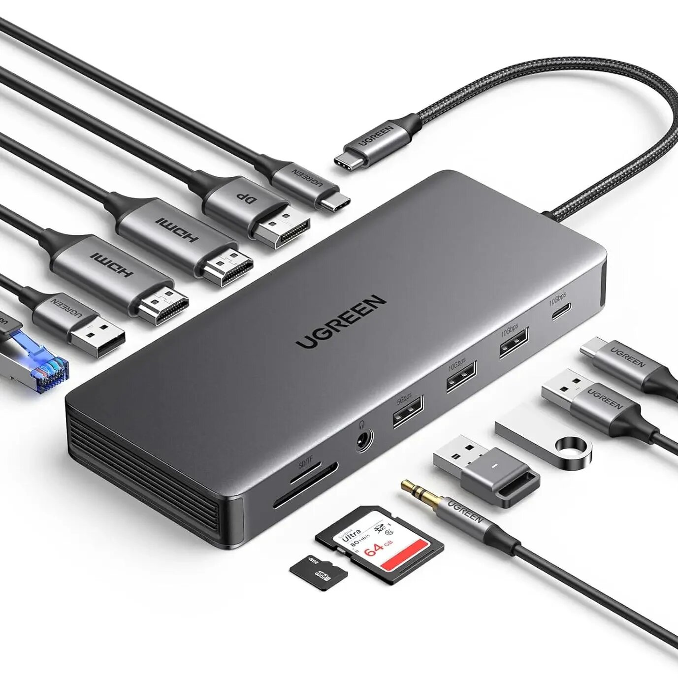 USB-C концентратор UGREEN Revodok Pro, 13 в 1, поддержка 4K, алюминий, серый, хаб адаптер переходник
