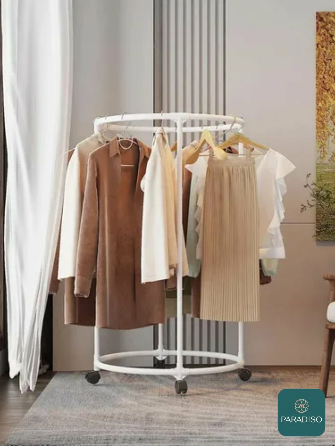 Круглая металлическая вешалка для одежды, на колёсиках, белая