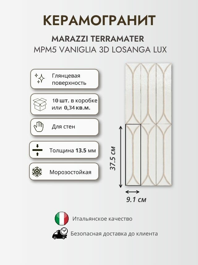 Керамогранит MARAZZI TERRAMATER MPM5 Vaniglia 3D Losanga 9.1x37.5 см кремовый глянцевый 0341 кв. м. (10 шт в уп)