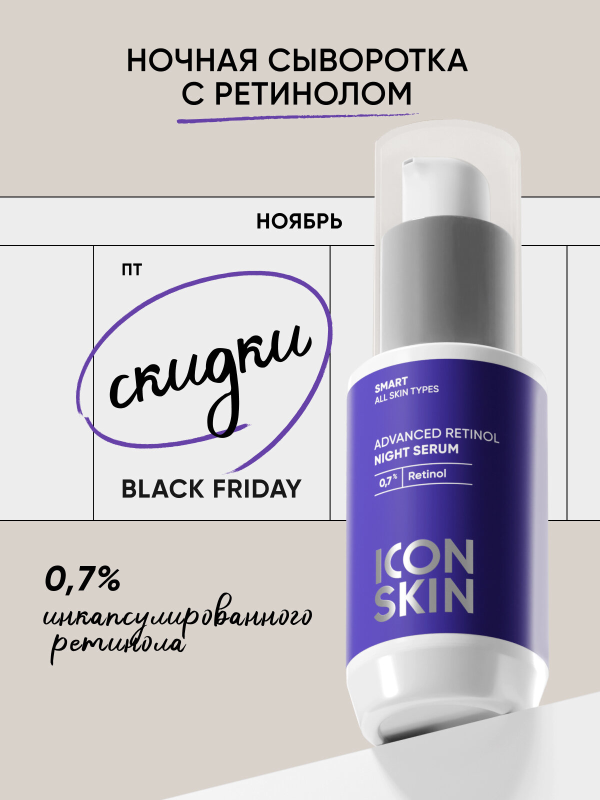 Сыворотка для лица ночная с ретинолом 0,7% для всех типов кожи ICON SKIN SMART, 30мл