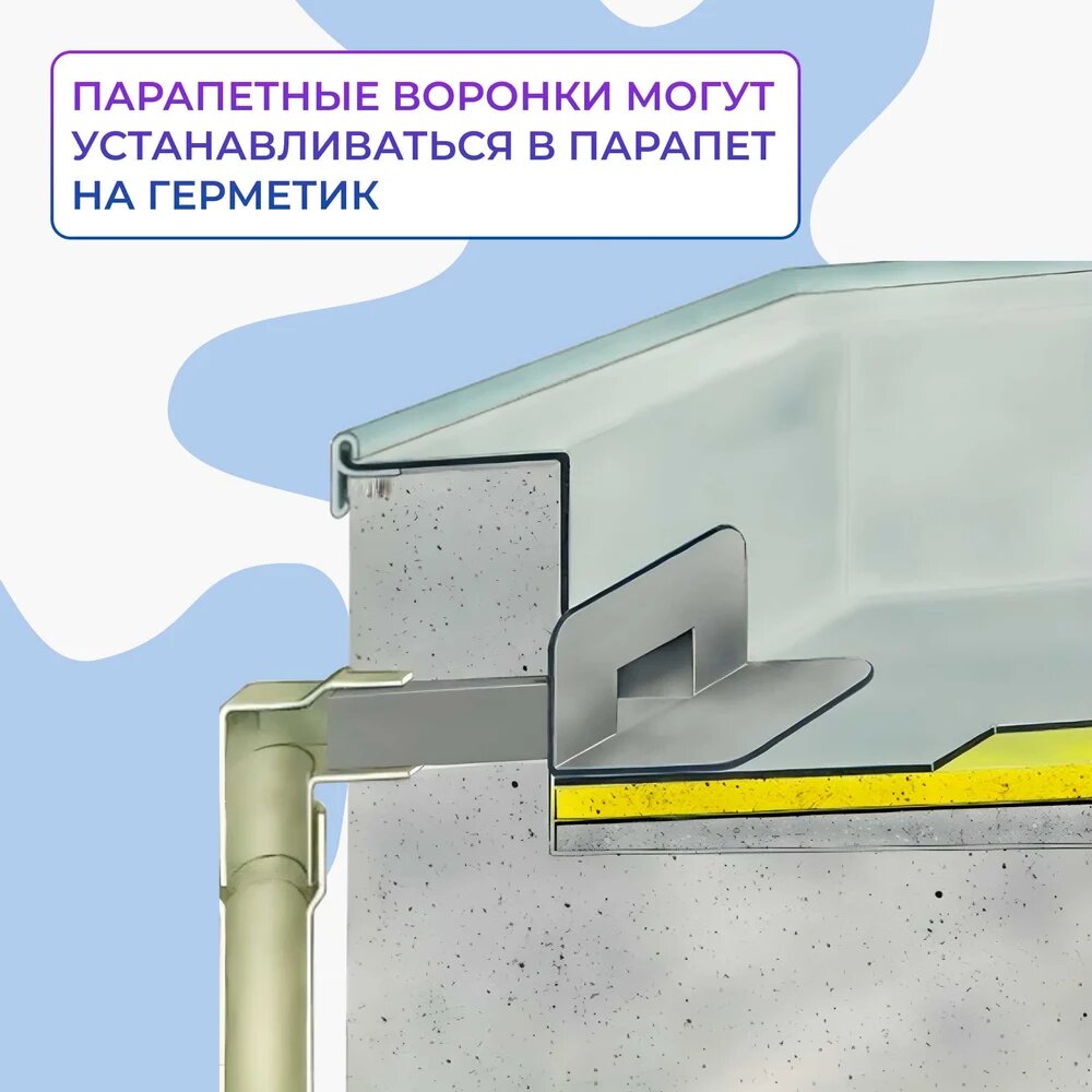 Парапетная (скапер) воронка Татполимер 100х560 мм с элементом жесткости, отводом и листвоуловителем ТП-01. П. ПВХ 30661 — фото 1
