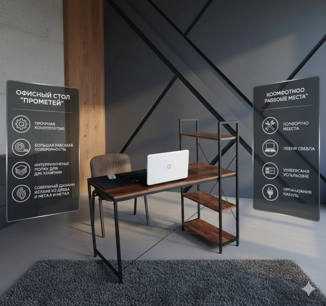 Письменный стол с полкой, для офиса, школы, компьютера , лофт — фото 1