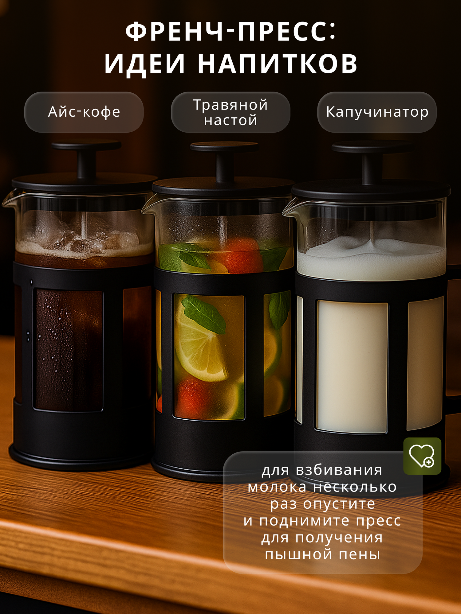 Френч-пресс черный, для заваривания кофе и чая, 800мл, стекло — фото 1