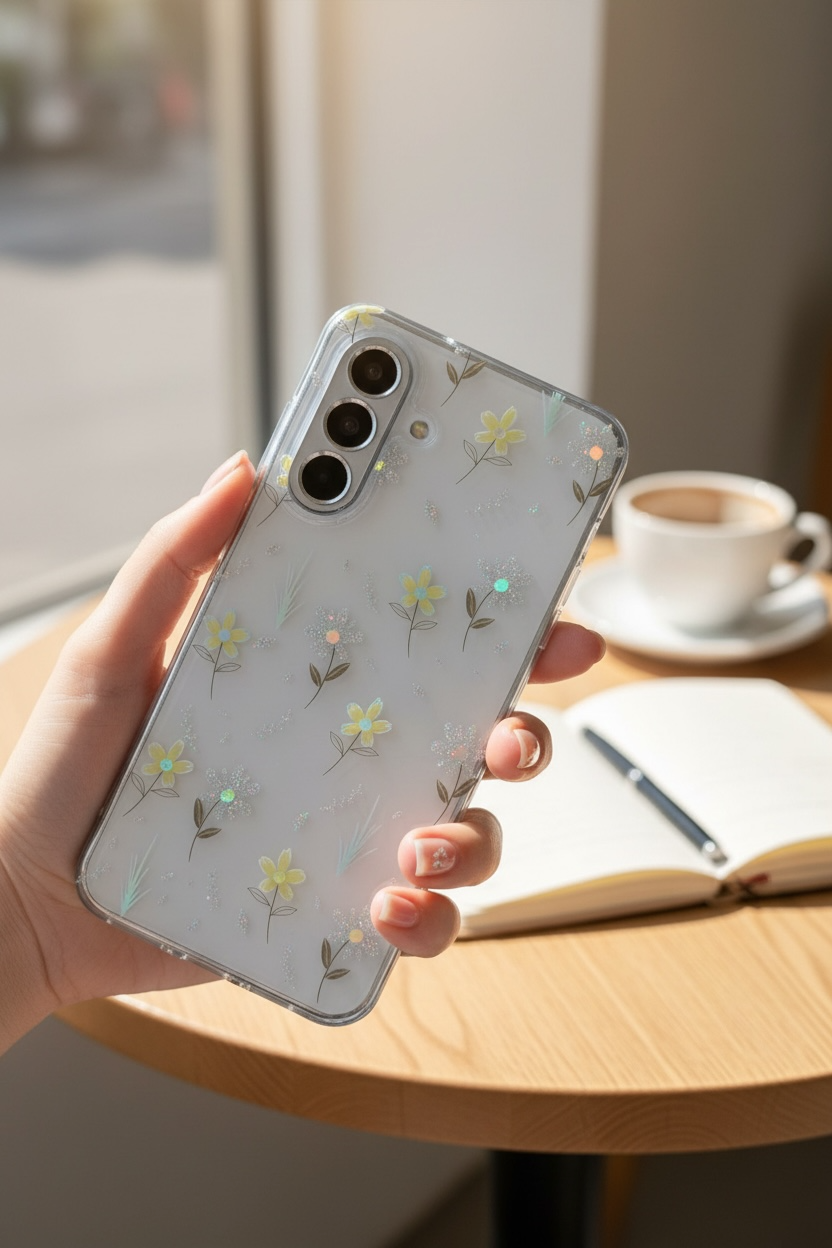 Женский прозрачный чехол для Samsung A16 — цветочный декор с блёстками, премиум TPU