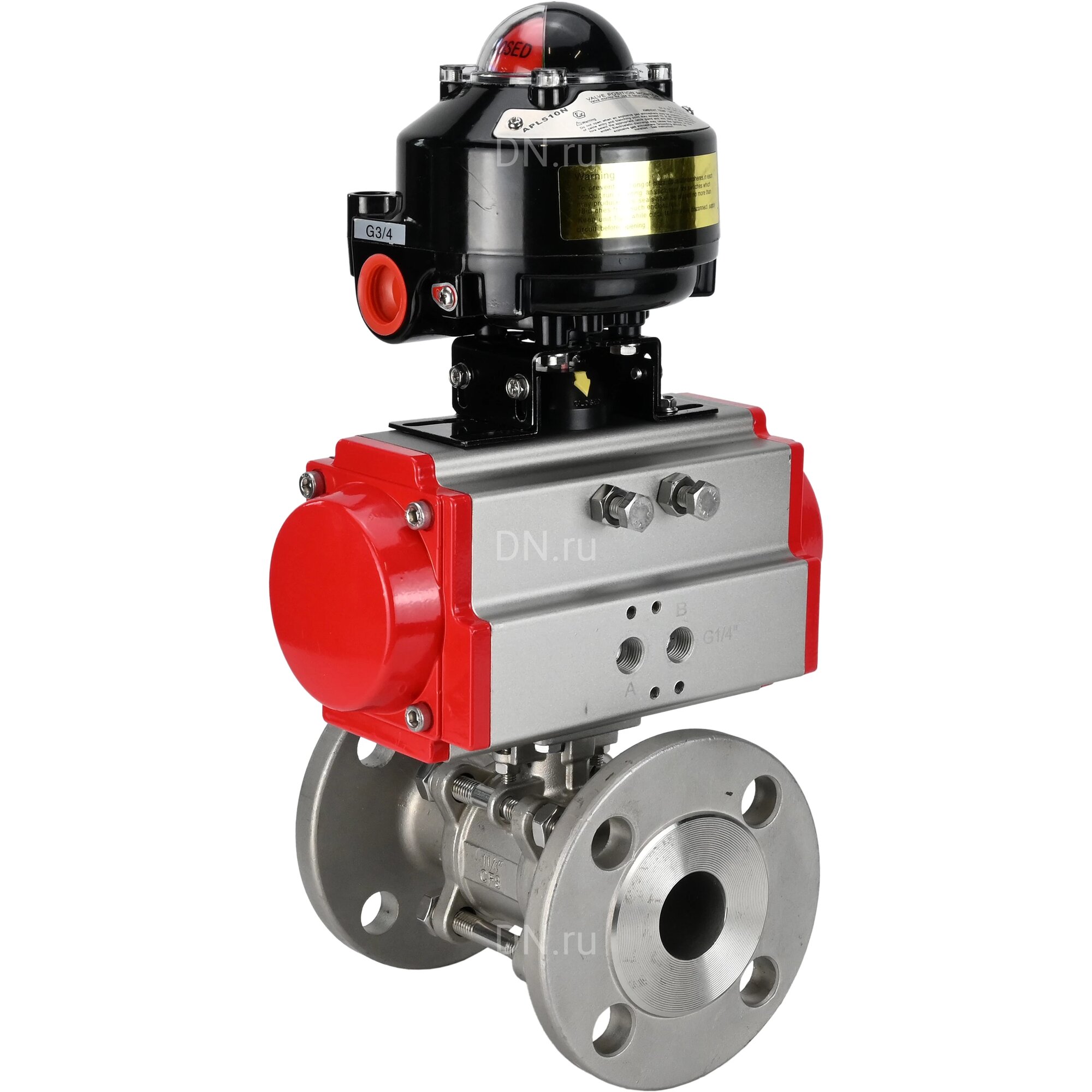 Кран шаровой DN.ru кшфпт 304.180 Ду65 Ру25 фланцевый, полнопроходной, трехсоставной, корпус - нержавеющая сталь SS304, уплотнение - PTFE, с пневмоприводом DN. ru DA-105 и БКВ LSB-510-02ExM12-250