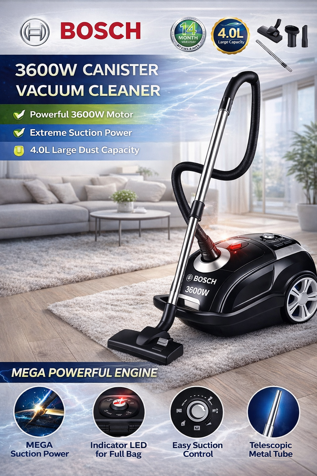 Пылесос, Bosch, мощность всасывания 36Вт, мешок, УФ-лампа, чёрный — фото 1