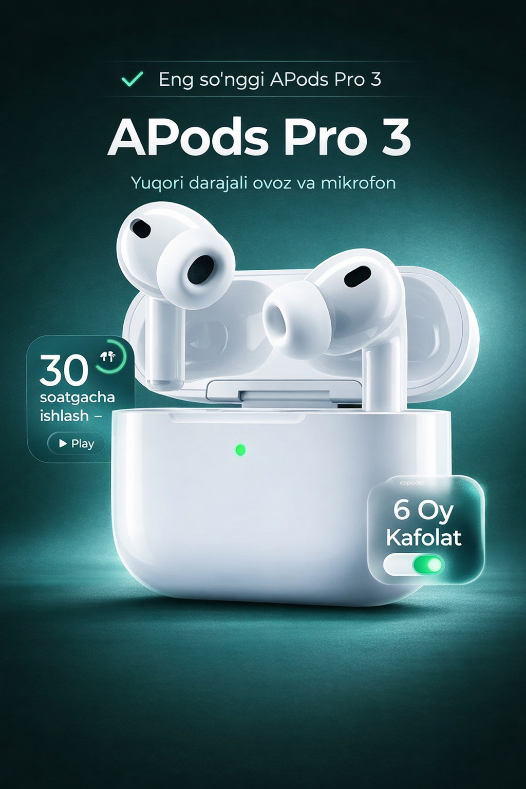 Наушники беспроводные AirPods Pro 3, шумоподавление, Bluetooth 5.3, 30 часов работы, люкс кория