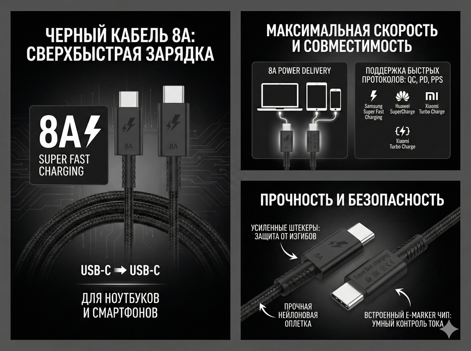 Кабель для быстрой зарядки Samsung USB-C — USB-C 8A, черный прочний — фото 1