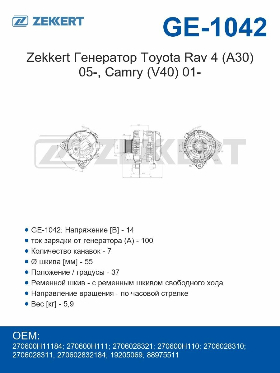 Zekkert Генератор Toyota Rav 4 (A30) 05-, Camry (V40) 01-