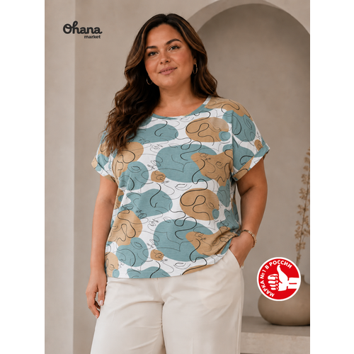 фото Футболка ohana market женская большого размера, размер 52, бежевый, белый, голубой