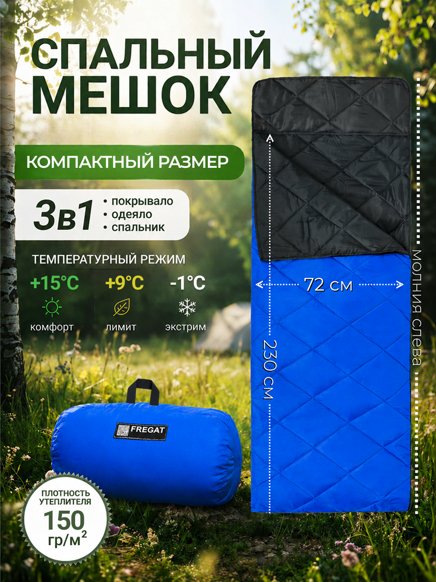 Спальный мешок туристический летний с подголовником, 72 см х 230 см, синий, (150 г/м2)