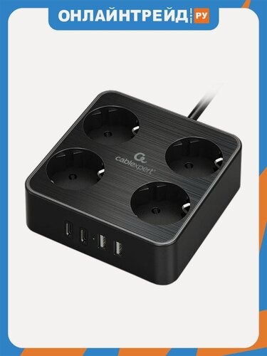 Изображение товара Сетевой фильтр Cablexpert Plate 4 розетки, 10А, 2xType-C PD, 20Вт, 2xUSB, 3м, черный, коробка (PLT-4-C2U2-B-3)