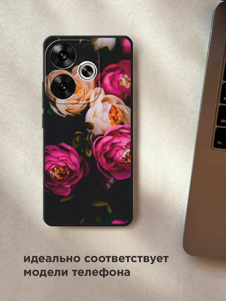 Черный матовый чехол на Xiaomi Redmi Turbo 3 / Редми Турбо 3 с принтом "Розовые пионы на черном" — фото 1