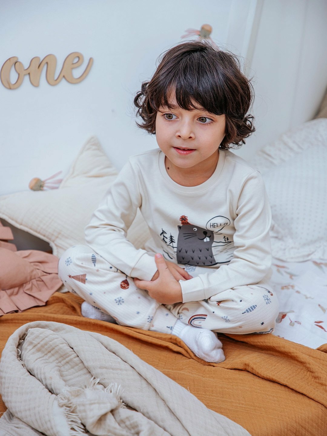 Пижама neo, размер 98, бежевый/серый — фото 1