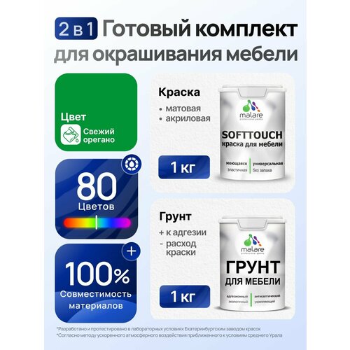фото Комплект malare для окрашивания мебели, кухонных фасадов (1кг грунт + 1кг краска), без запаха, цвет свежий орегано