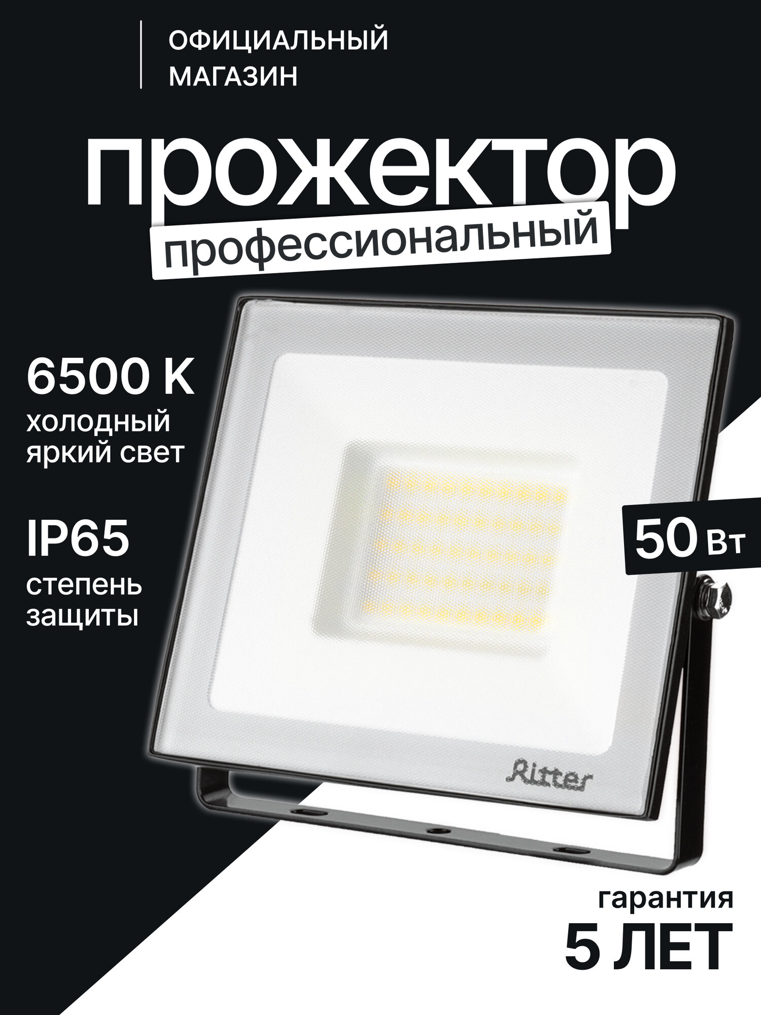 Прожектор светодиодный Ritter 50Вт уличный, холодный свет 6500К, IP65, серия PROFI 53408 6