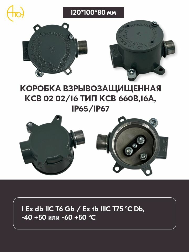Коробка взрывозащищенная КСВ 02 02/16 тип КСВ 660В,16А, IP65/IP67 (1 Ех db IIC T6 Gb / Ex tb IIIC T75 C Db, -40 +50 или -60 +50 C)