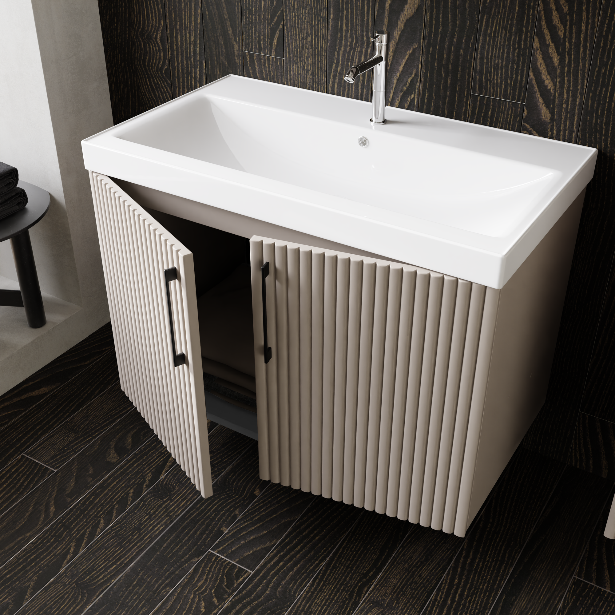 Раковина с тумбой, керамика, настенная, пастельные ребристые края, 80 см