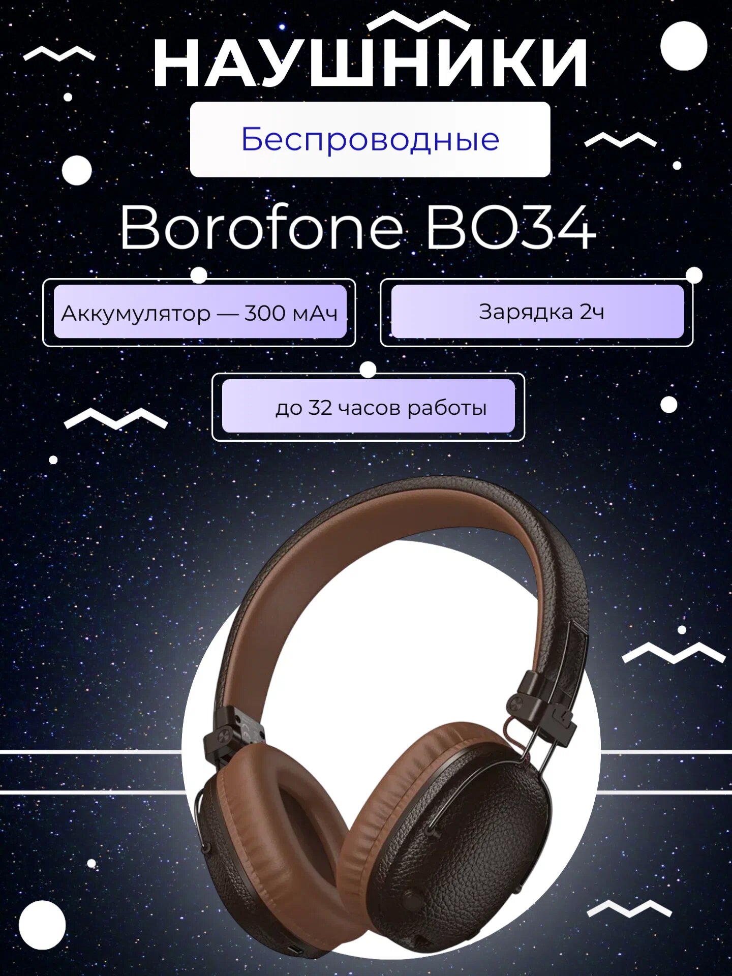 Беспроводные наушники Borofone BO34 Suenos, Bluetooth 5.4, 40 мм, до 32 ч работы, Type-C, микрофон, IPX4