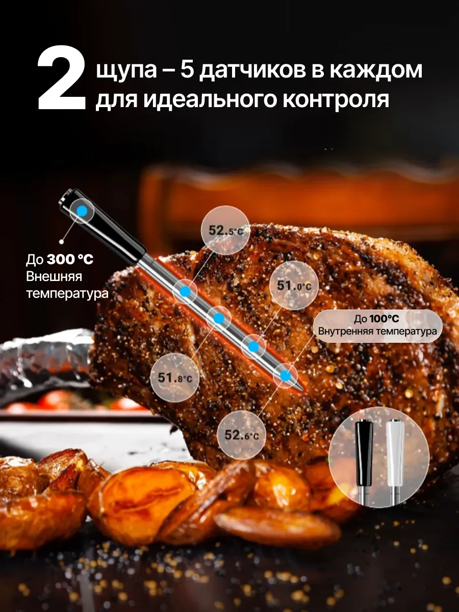 Термометр INKBIRD INT-12EBW, для мяса, с двумя щупами, беспроводной, сталь, керамика, черный — фото 1