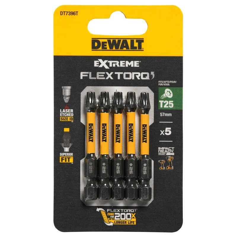 Биты ударные DEWALT "EXTREME" IMPACT TORSION T25 57мм 5шт. DT7396T-QZ