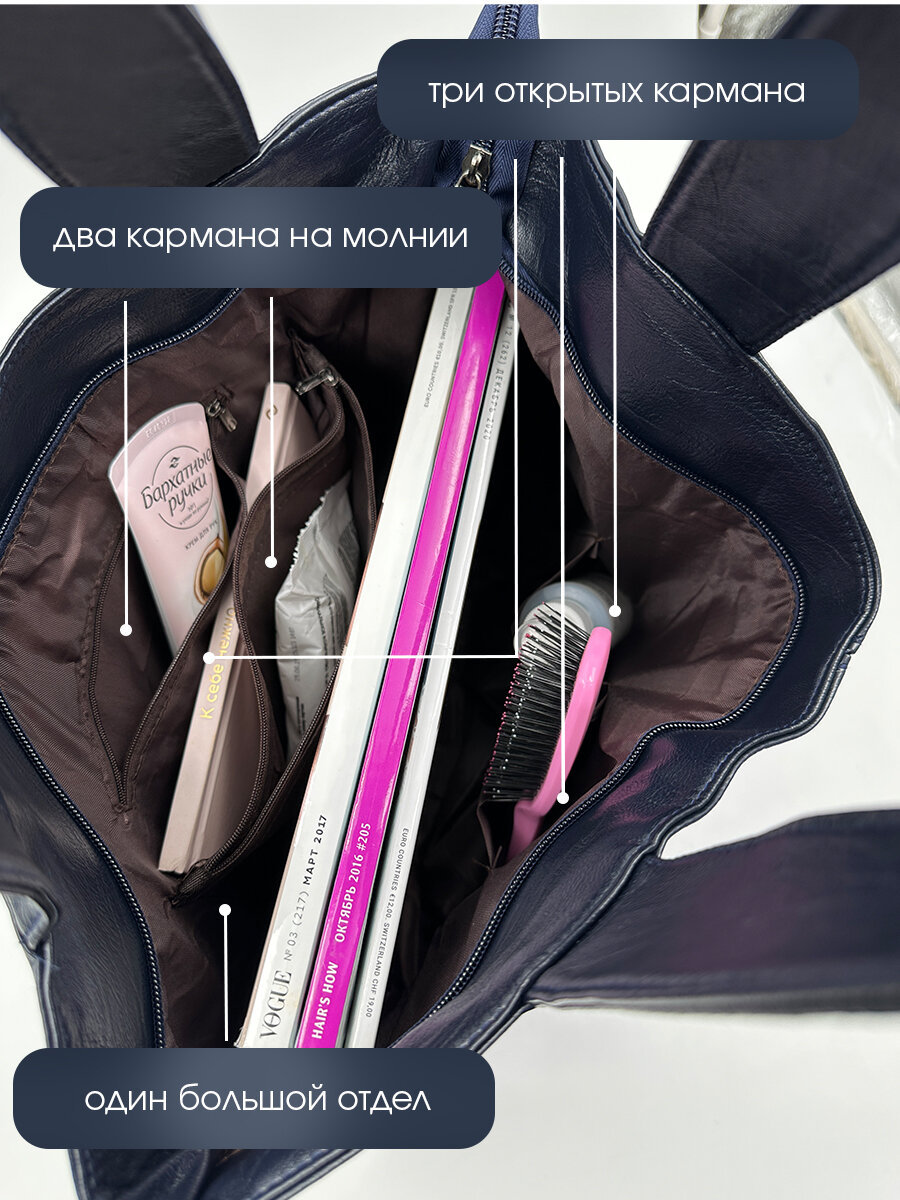 Сумка шоппер HAIR COLLECTION, фактура гладкая, тиснение, темно-синий — фото 1