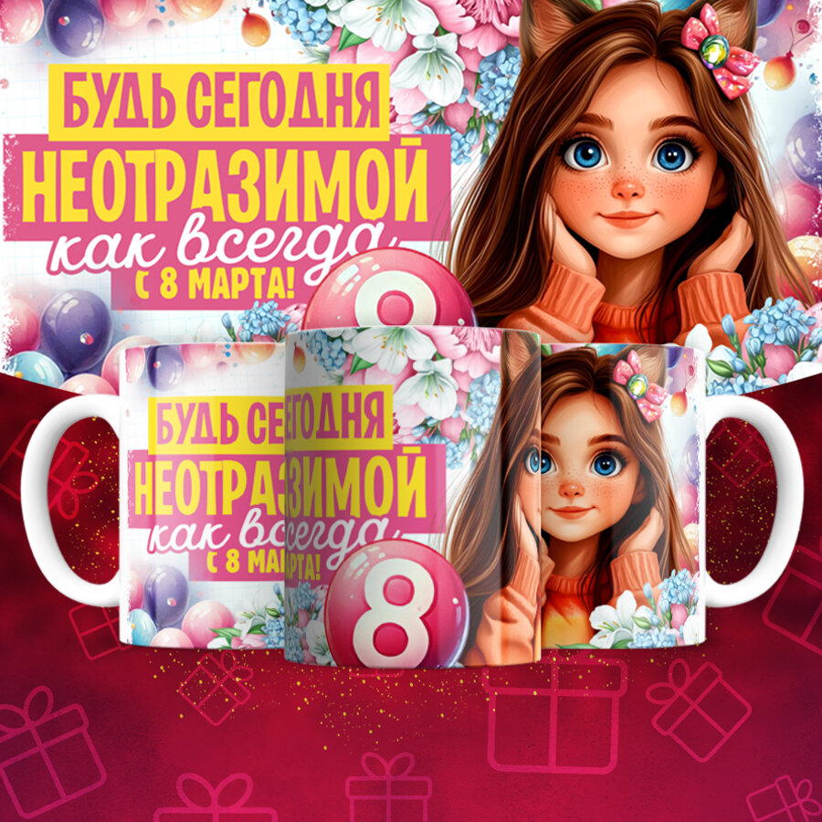 Кружка с принтом для женщин на 8 марта , яркий, оригинальный принт, 330 мл, в коробке, 1 шт