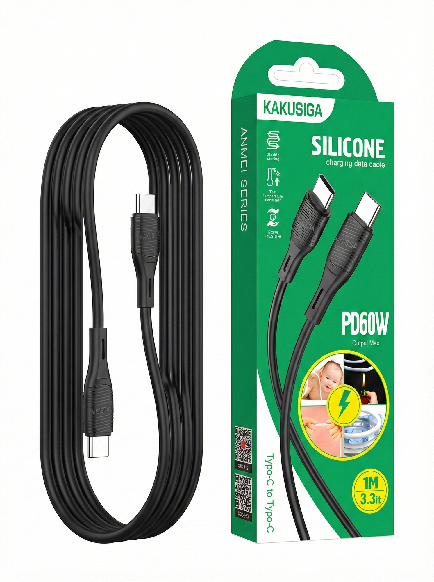 Кабель USB Type-C KAKUSIGA KSC-953, черный, быстрая зарядка, 1.2м — фото 1