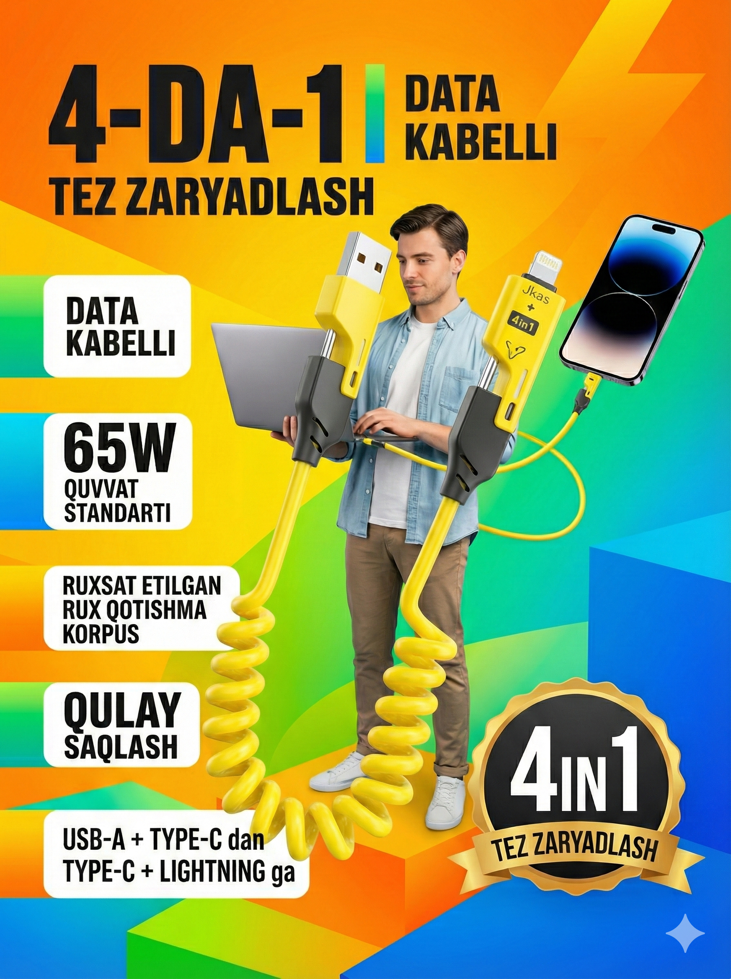 Витой Кабель 4-в-1 65W — Универсальная Быстрая Зарядка (Type-C + Lightning + USB) — фото 1