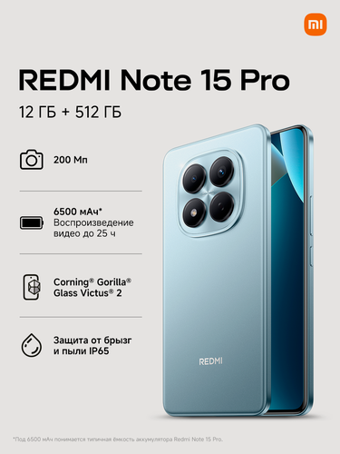 Изображение товара Смартфон Redmi Note 15 Pro RU 12+512 Glacier Blue, Ростест, NFC, Android 15, голубой