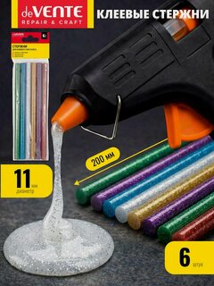 Изображение товара Стержни цветные с блестками для клеевого пистолета диаметр 11 мм 6 штук