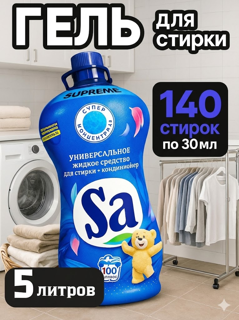 Гель для стирки SA Deluxe 5 кг, 2 в 1, 100 стирок, универсальный, цветочный аромат