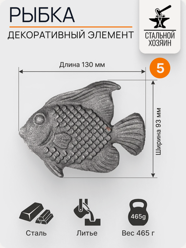 Изображение товара 5 шт Декоративный кованый элемент Рыба стальная. Размеры 130х93 мм
