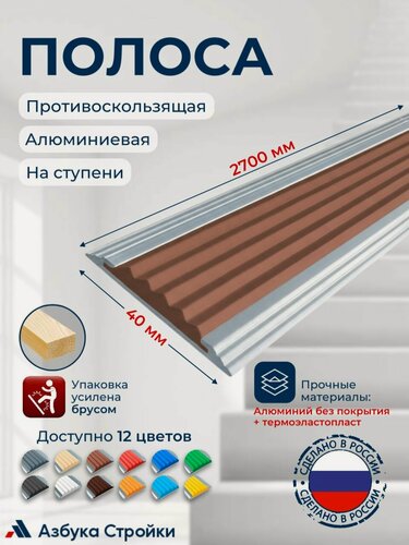 Изображение товара Полоса противоскользящая алюминиевая накладка на ступени Стандарт 40мм, 2.7м, коричневый