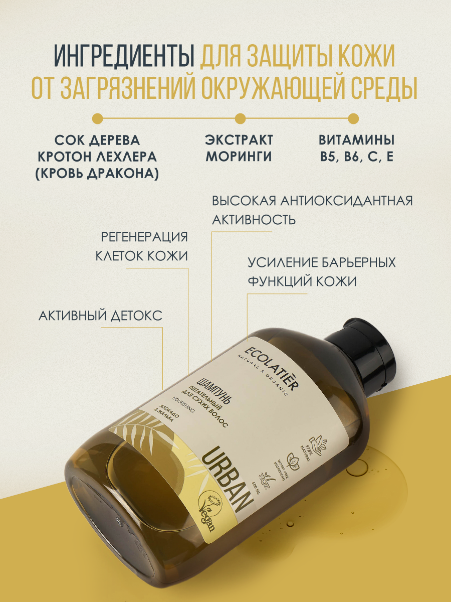 Шампунь ECOLATIER Urban, питательный, для сухих волос, авокадо и мальва, 600мл — фото 1