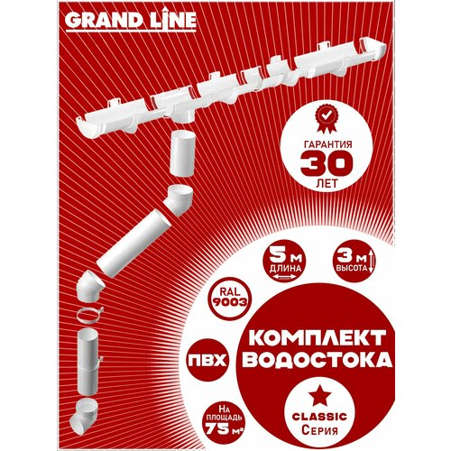 фото Комплект водосточной системы grand line на 5 м карниза по 1 метру (120мм/90мм) белый, набор элементов водостока для крыши пластик гранд лайн ( ral 9003 пломбир ) пвх