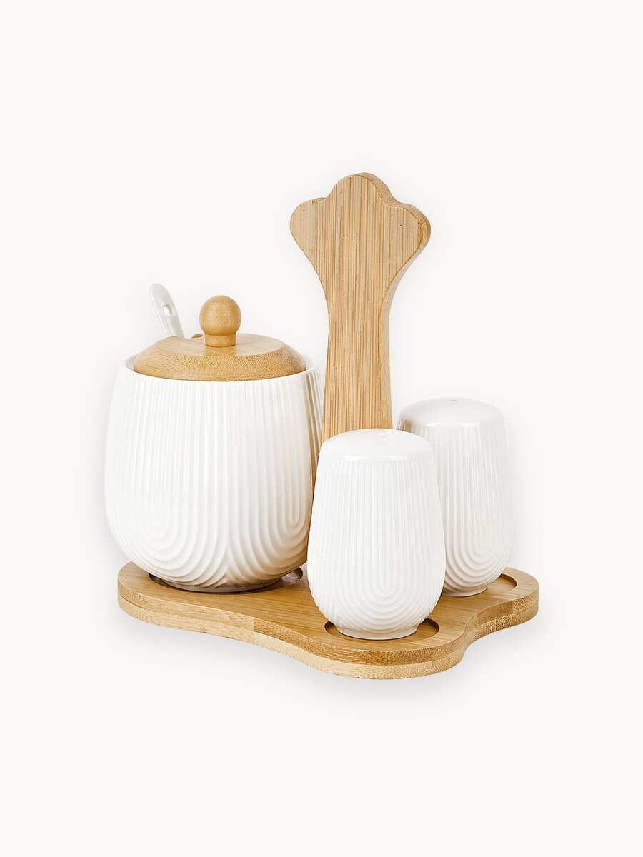 Набор для специй солонка, перечница, сахарница с ложкой на бамбуковой подставке "Naturel", 350 мл, Nouvelle