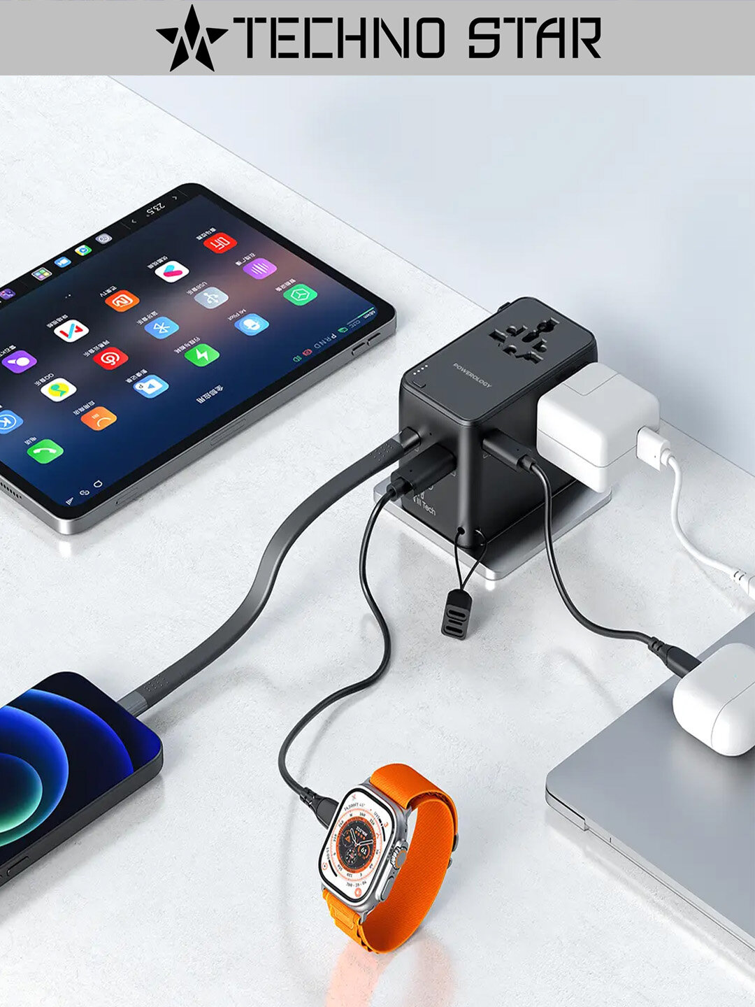 Power Bank Powerology 2500W, Universal Travel Adapter, 4000mAh PD, QC, GaN 3 Универсальный дорожный адаптер