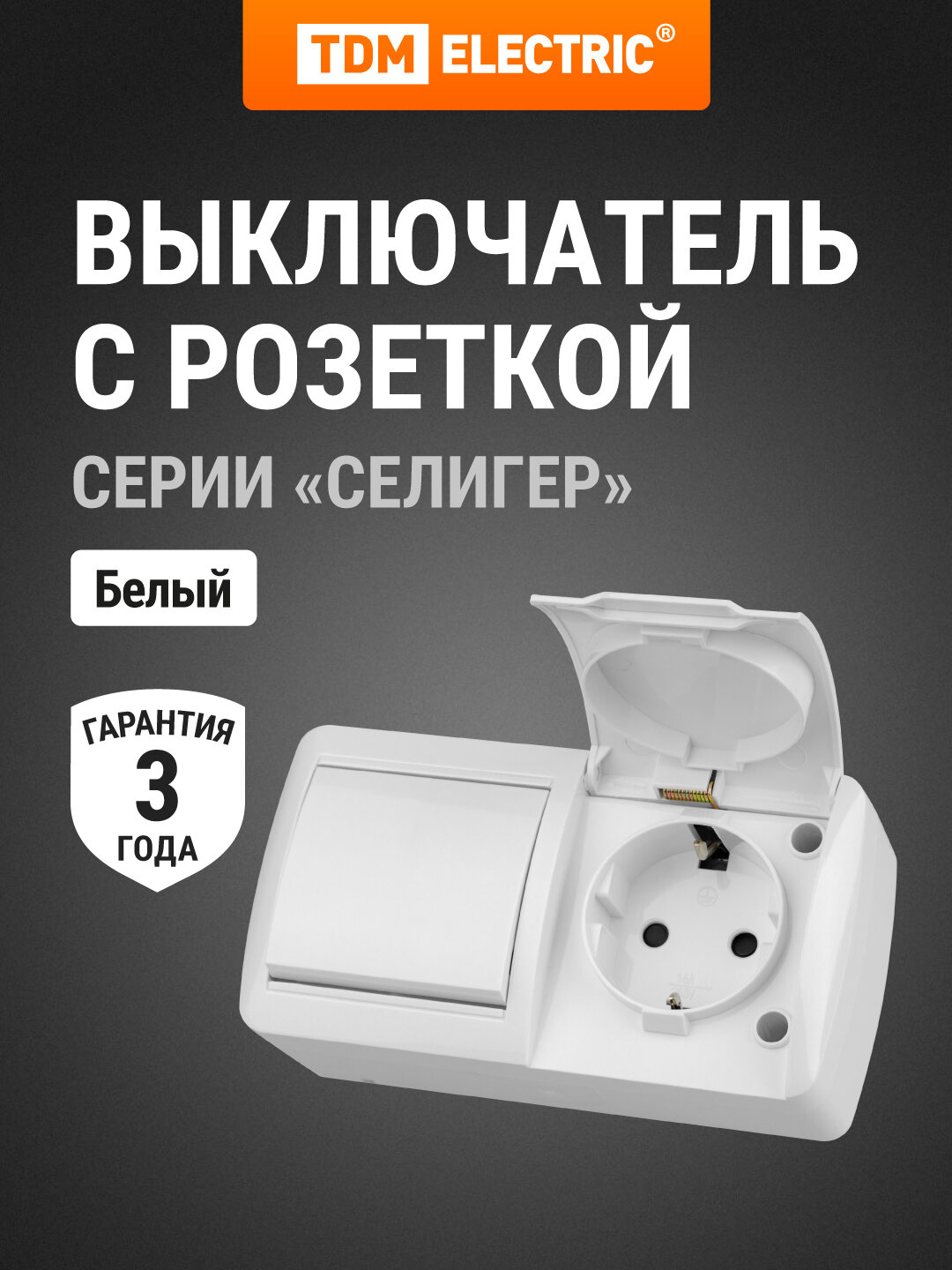 Блок выключатель 1-кл. 10А + розетка 2П+З 16А с защ. штор. с крышкой IP54 белый "Селигер" TDM